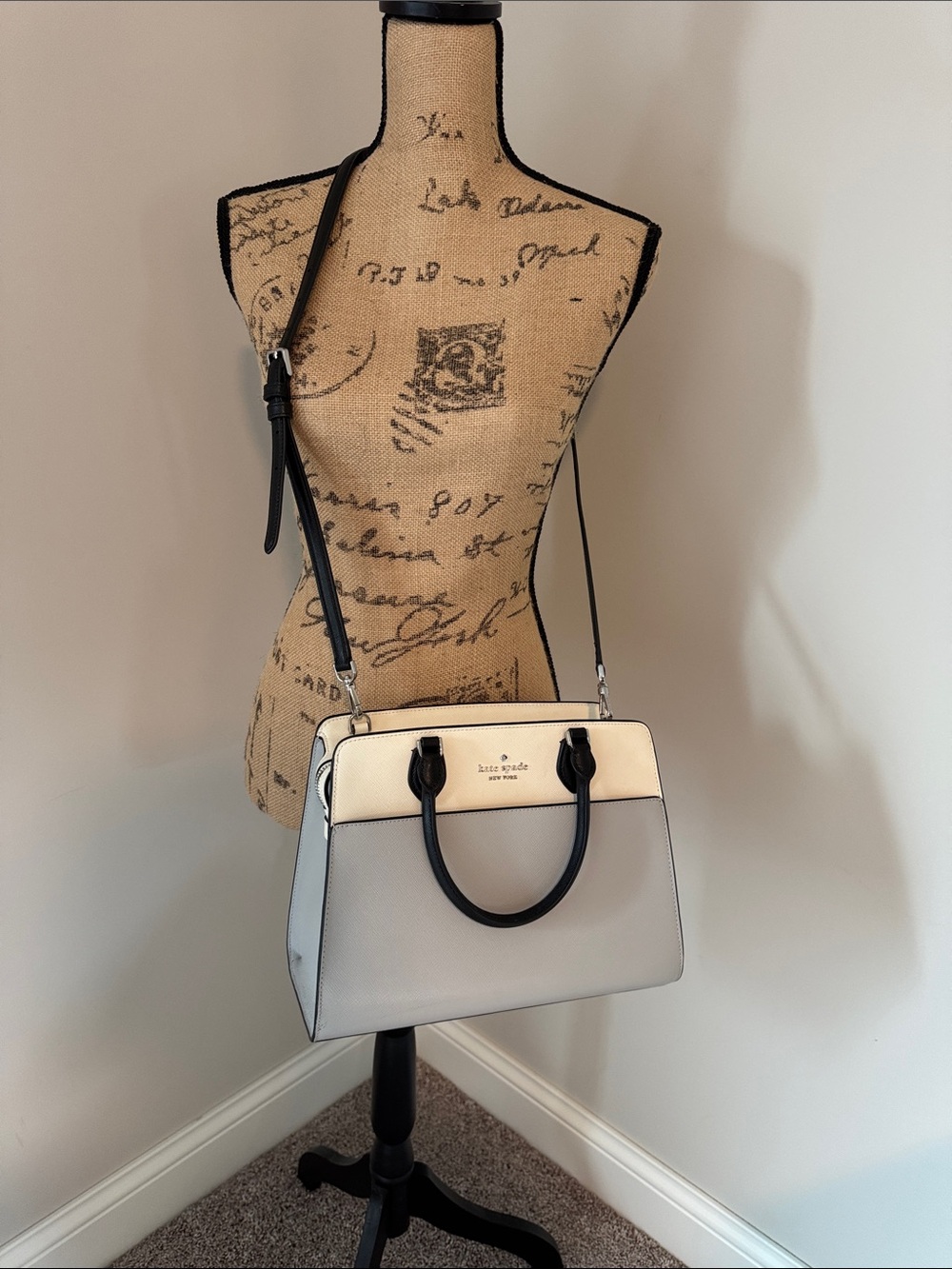 kate spade Cream and Light Gray Two-Tone Satchel with Black Trim
